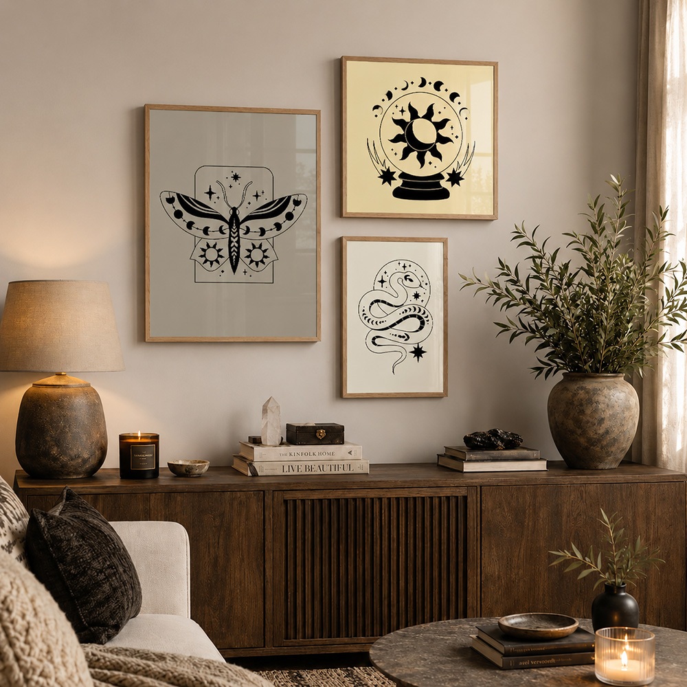 Quadro Decorativo Bola de Cristal Místico Lua Sol Kit 3 Peças Sala Quarto