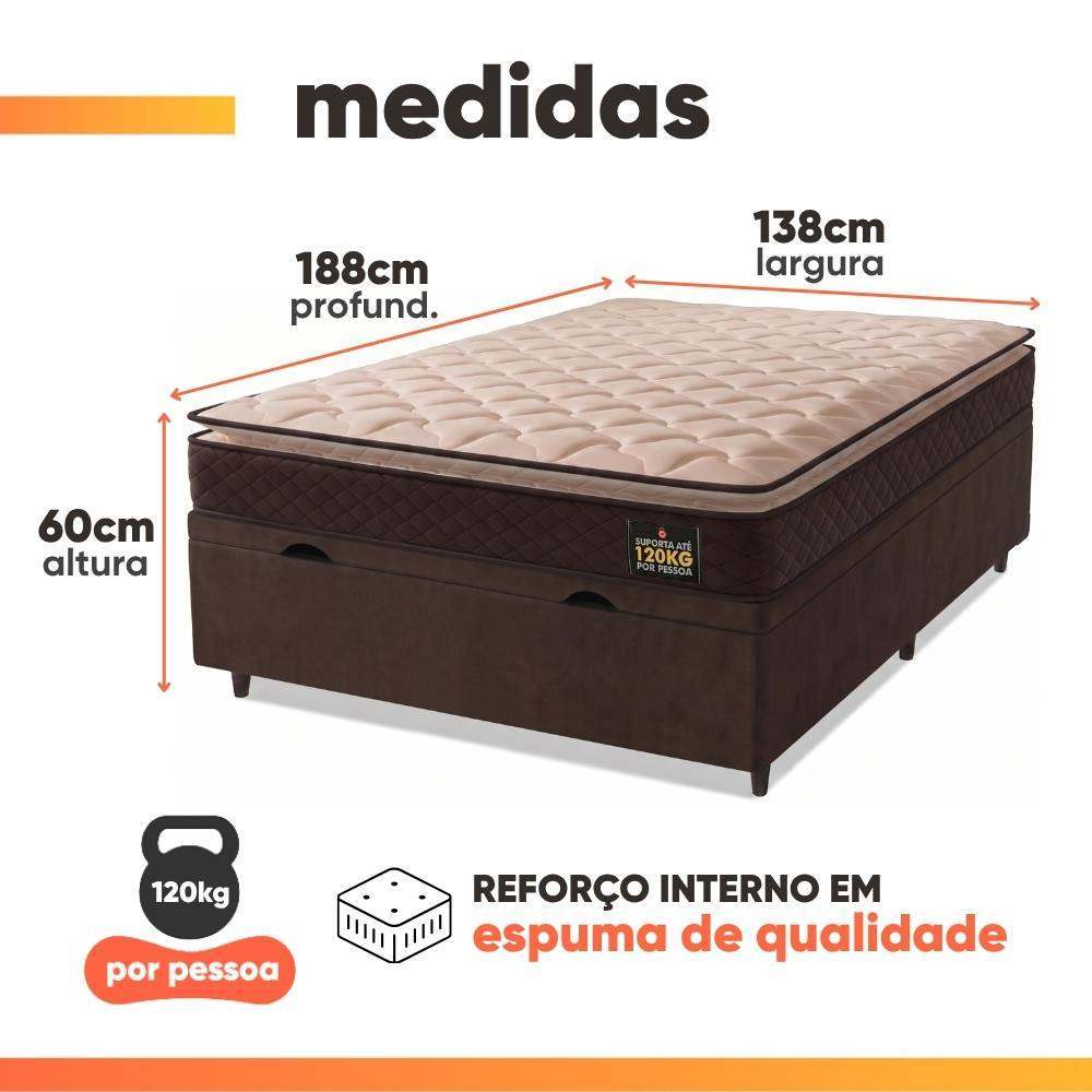 Cama Box Baú Casal Colchão Espuma D33 Pillow Top Millenium 138x188x60cm Marrom Hellen