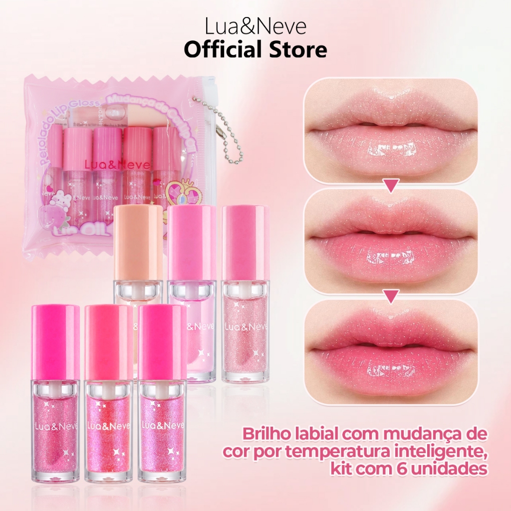 Kit 6 Lip Oils Hidratantes Gloss Labial Efeito Brilho com Necessaire Lua&Neve