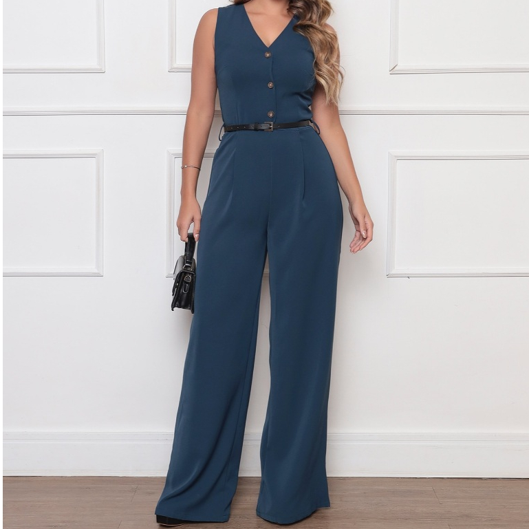 Macacão Feminino Pantalona Alfaiataria Elegante Decote V Cinto Social Casual Moderno Confortável Moda Feminina Trabalho