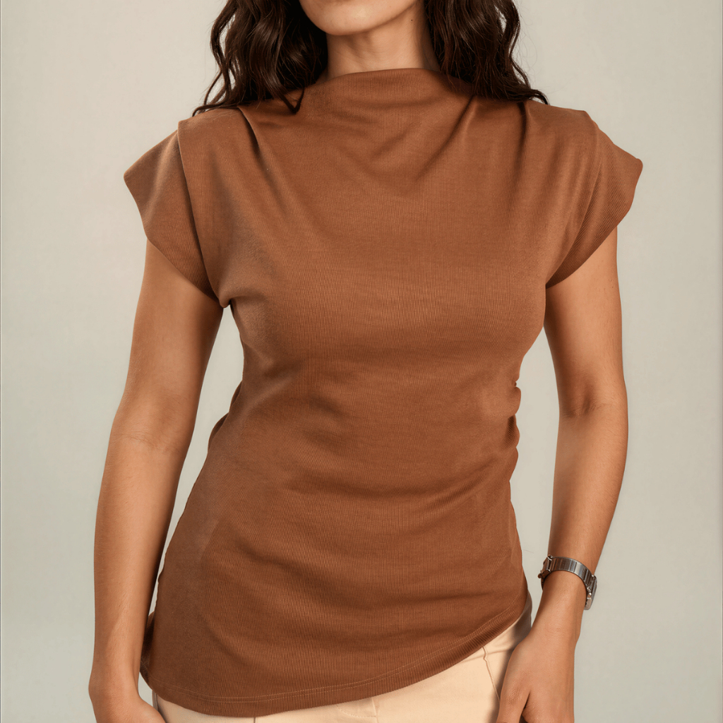 Blusa Feminina Assimetrica MuscleTee Canelada Gola Alta Manga Curta Elegante Casual Social Tendencia