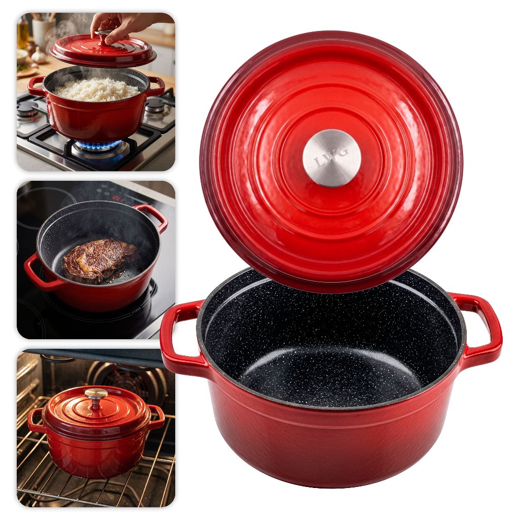 Panela Caçarola De Ferro Fundido Esmaltado 20/22/24/26cm Premium Fogão Indução Forno Com Tampa Tacho Redonda