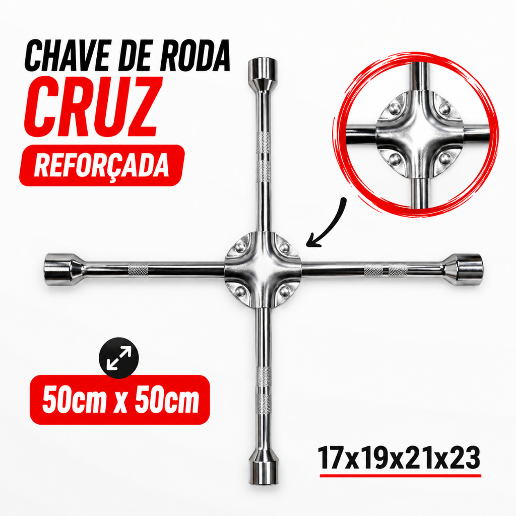 Chave de Roda Cruz 4 bocas Reforçada de aço bocas 17x19x21x23 Profissional