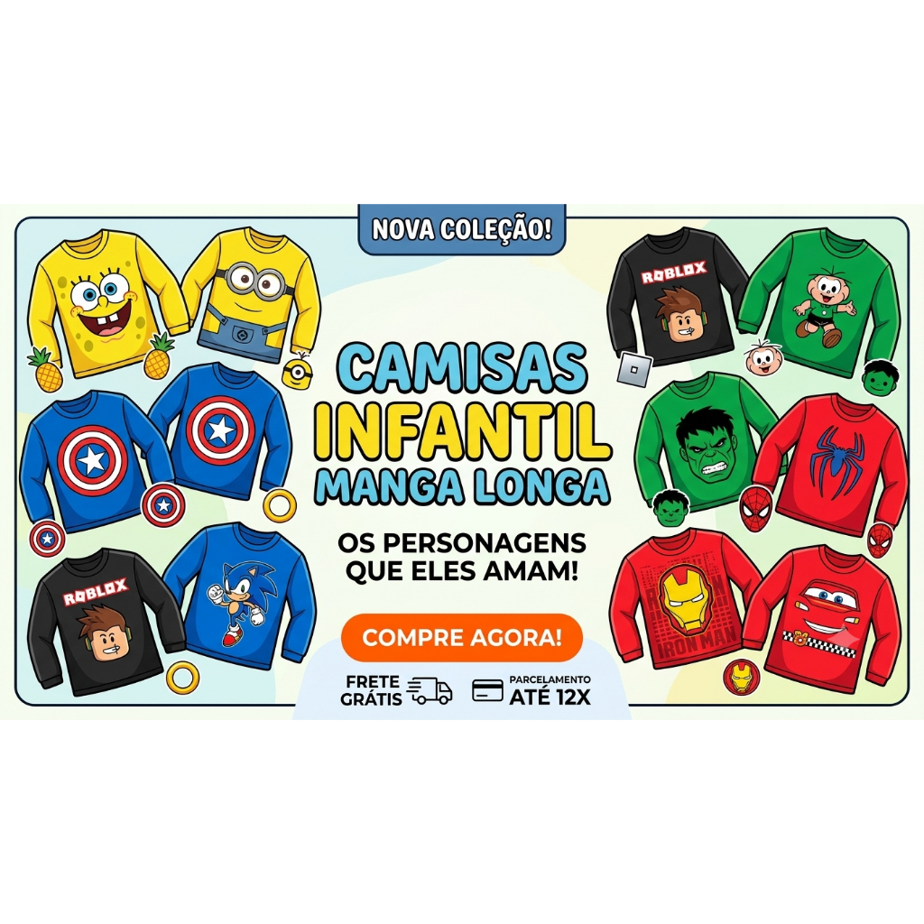 Camiseta Infantil Manga Longa Estampa Divertida – Tamanhos 02 ao 10