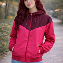 Jaqueta Feminina Corta Vento Rosa Com Zíper e Capuz Casual Moderna