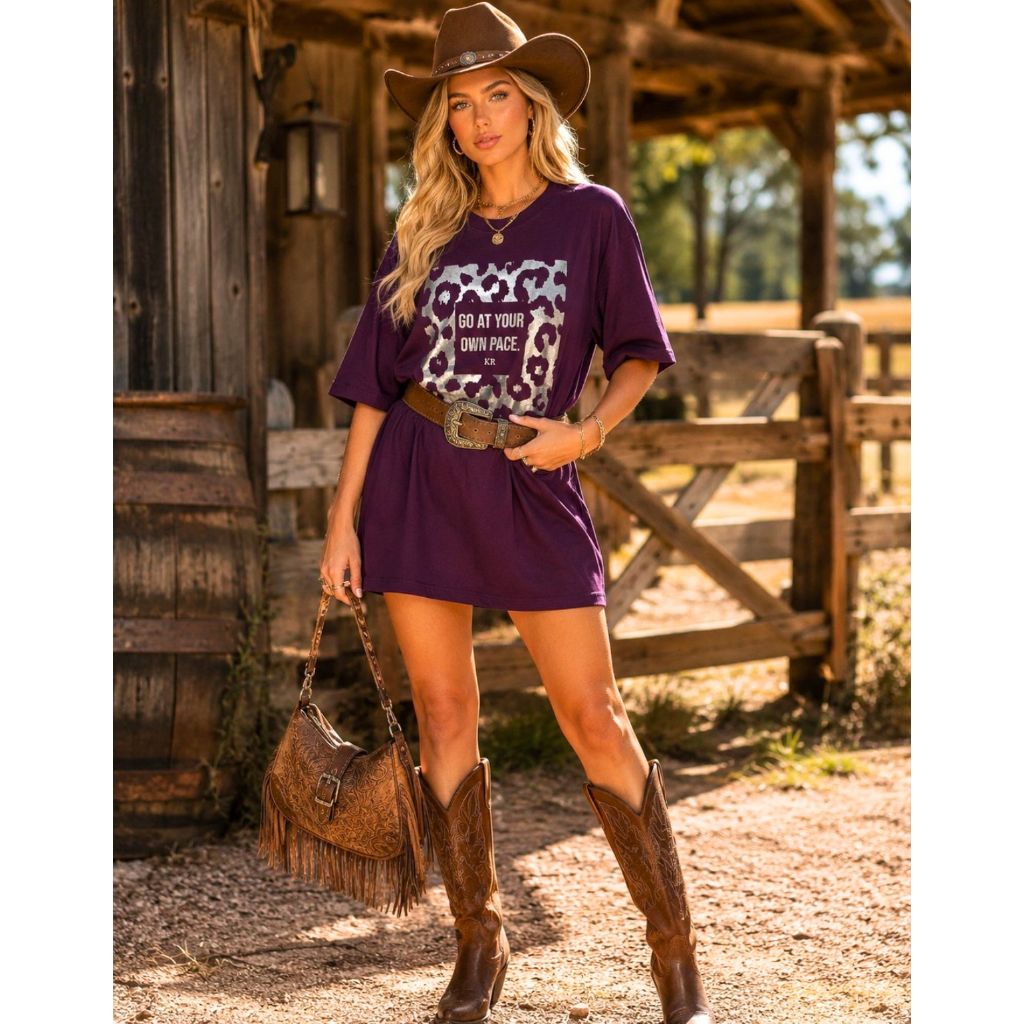Vestido Camisetão Country Feminino Oversized de Algodão Camiseta T-shirt Max Estampada Texas