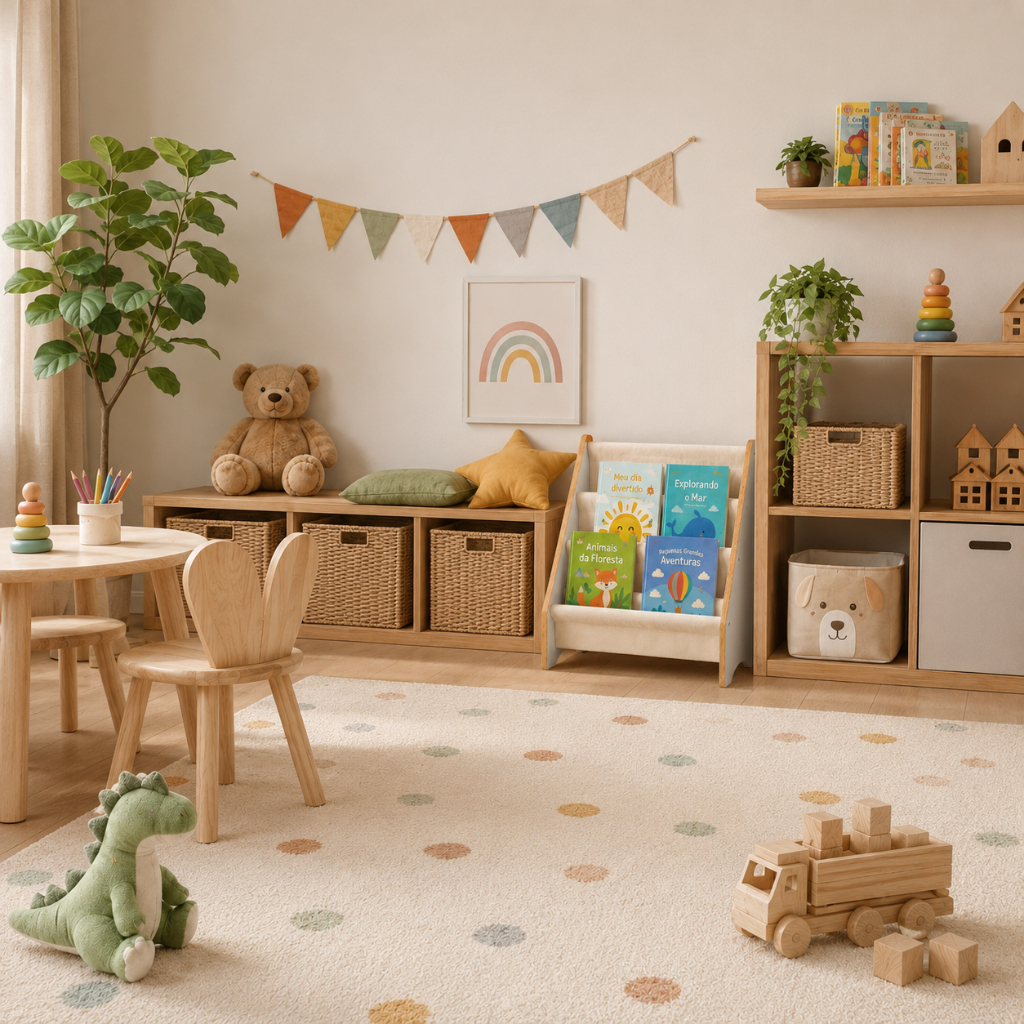 Detalhes do Porta Livro Infantil Montessori MDF com Bolsos em Tecido Organizador de Livros para Quarto Bebê