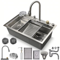 Cuba Gourmet para Pia de Cozinha 75x45 Inox 304 Nano PVD com Torneira Monocomando e Kit Completo