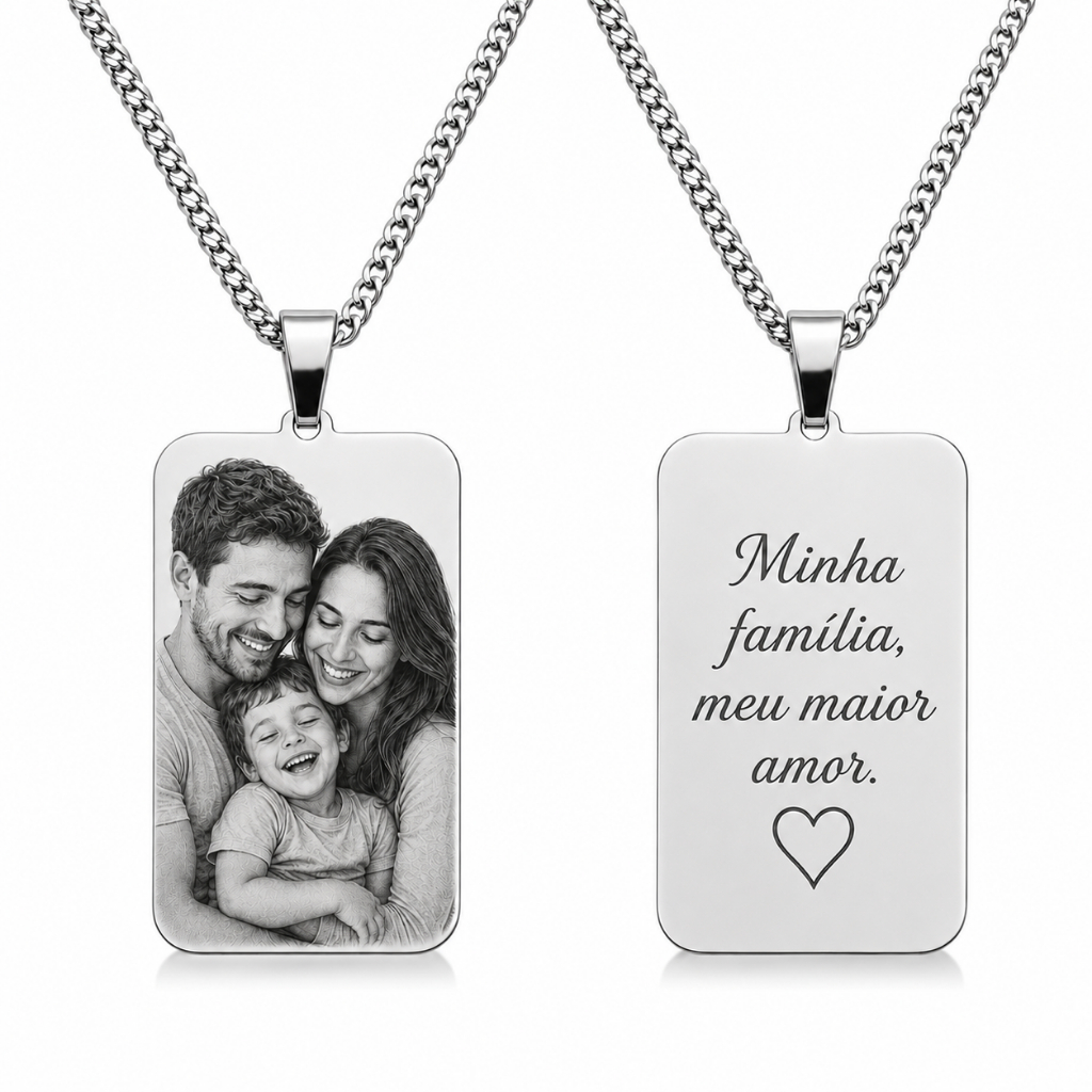 Colar Cordão Corrente Gravação Foto Família Amor Avó Pai Mãe Casal Masculino Feminino Aço Inox