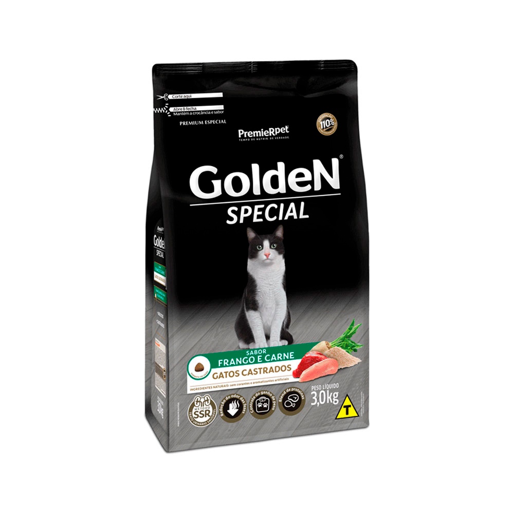 Ração Golden Special Gatos Adultos Castrado Sabor Frango e Carne 10,1 kg