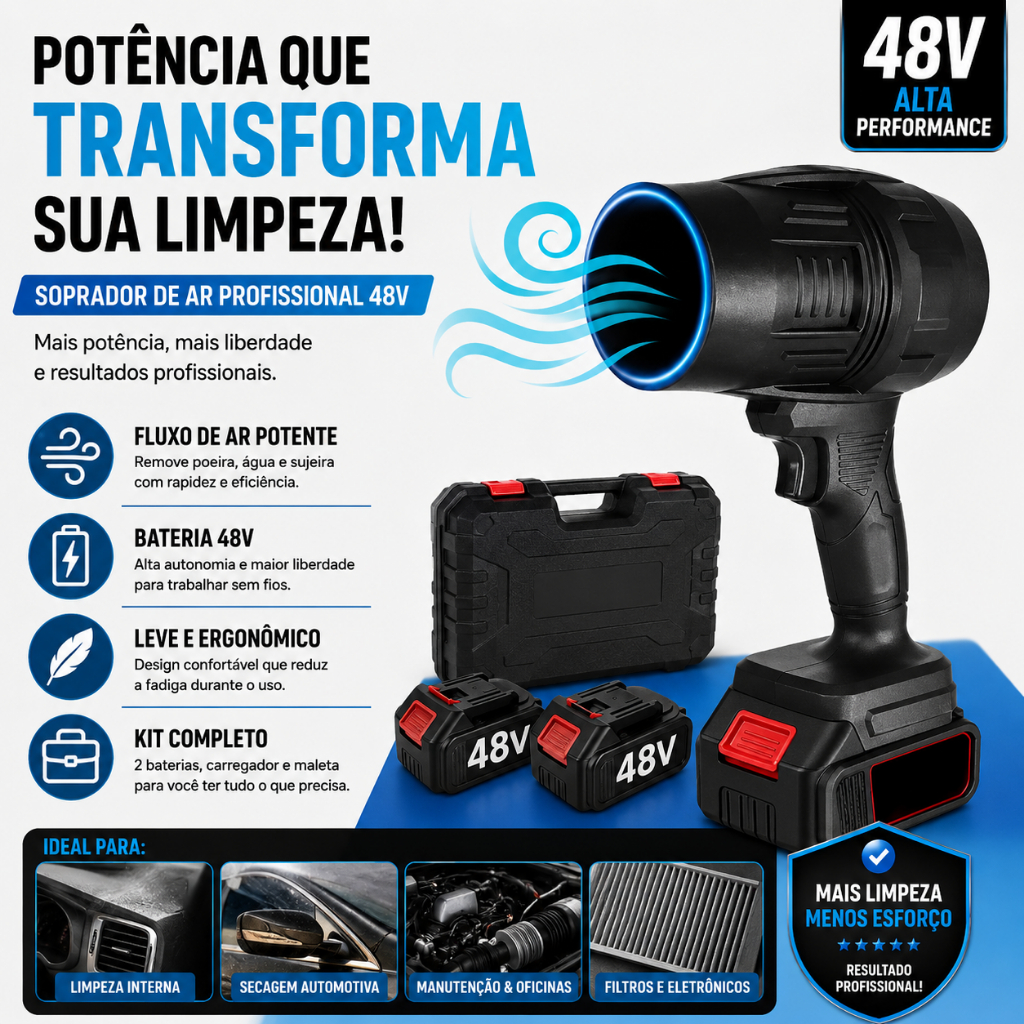 Soprador de Ar a Bateria 48V Profissional Sem Fio 2 Baterias Limpeza Automotiva GJ-3523
