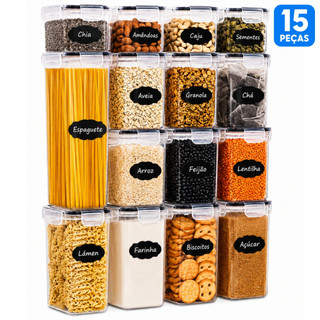 Kit 15 Potes Herméticos Organizadores de Mantimentos Plástico com Etiquetas Cozinha Despe…