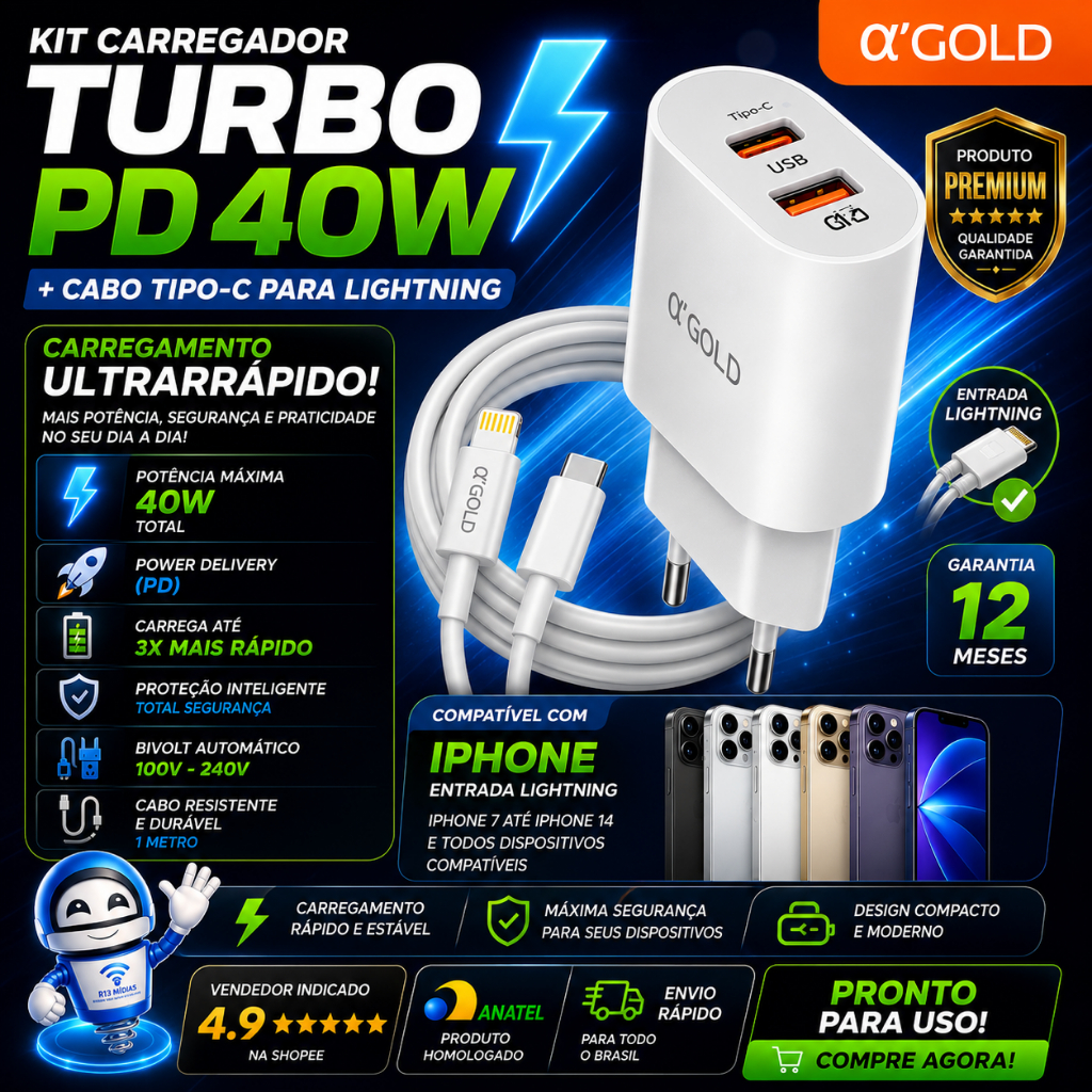 ⚡ Carregador Turbo a'Gold 40W GaN PD + QC CA40-6 Tipo-C para Lightning | Original ANATEL + Cabo 1 Metro