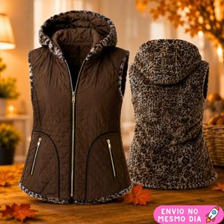 Colete Dupla Face Feminino Pelinho com Bolso e Capuz Forrado Peluciado Outono Inverno