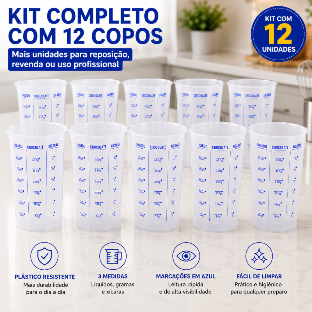 Kit 12 Copos Medidores 500ml Graduado Dosador Cozinha Confeitaria Restaurante — imagem 2 de 2