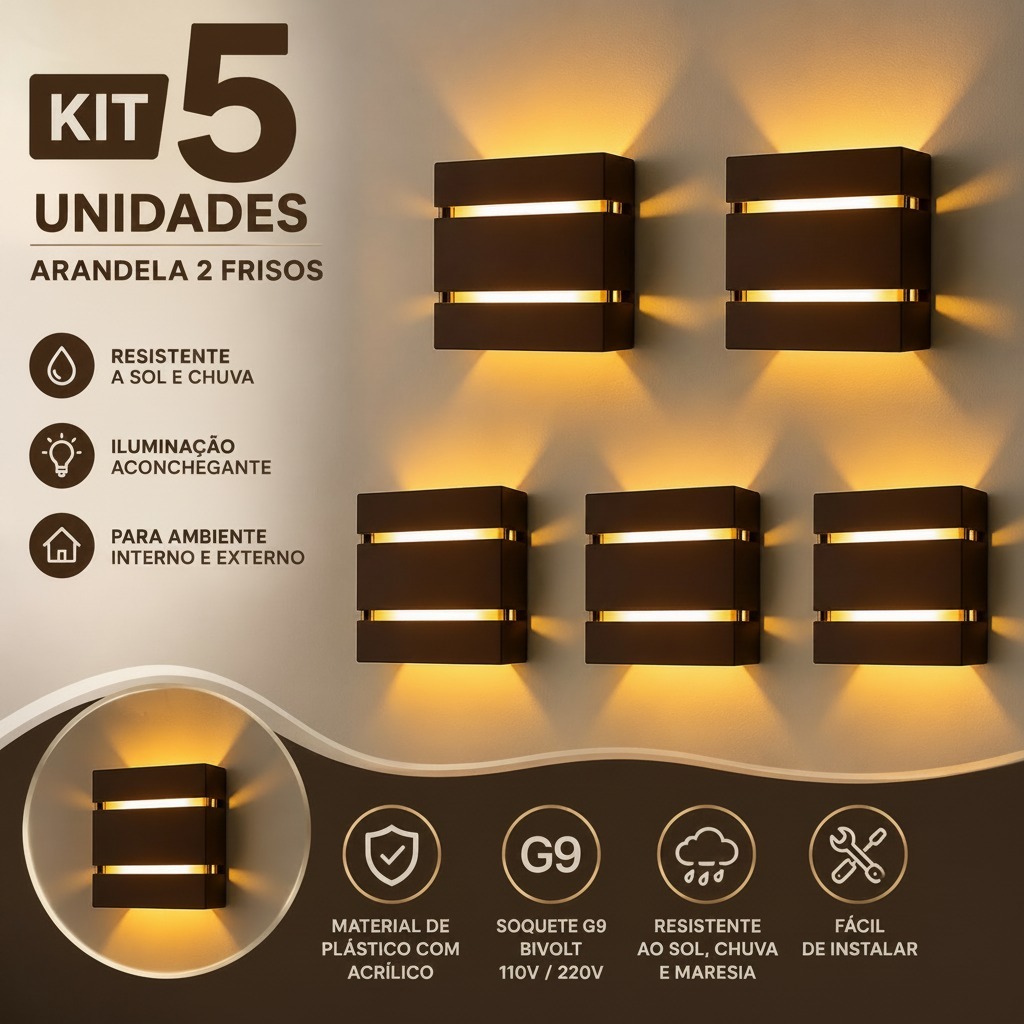 Kit 5 Arandelas 2 Frisos 2 Focos Luminária Slim Para Decoração Jardins Muros Paredes Sítios Piscinas