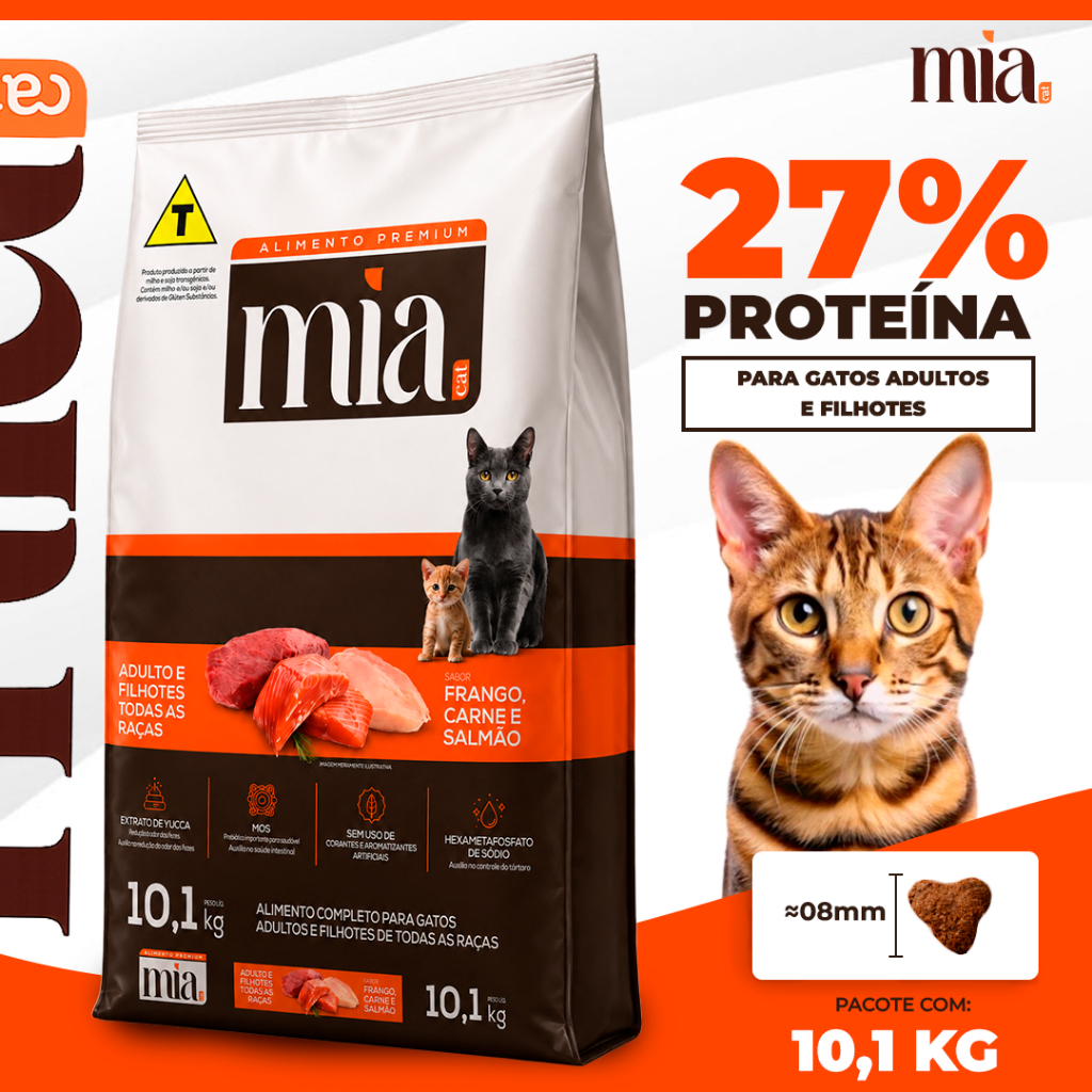 Ração Gato Filhote e Adulto 10kg Mia Cat Sabor Carne Salmão e Frango