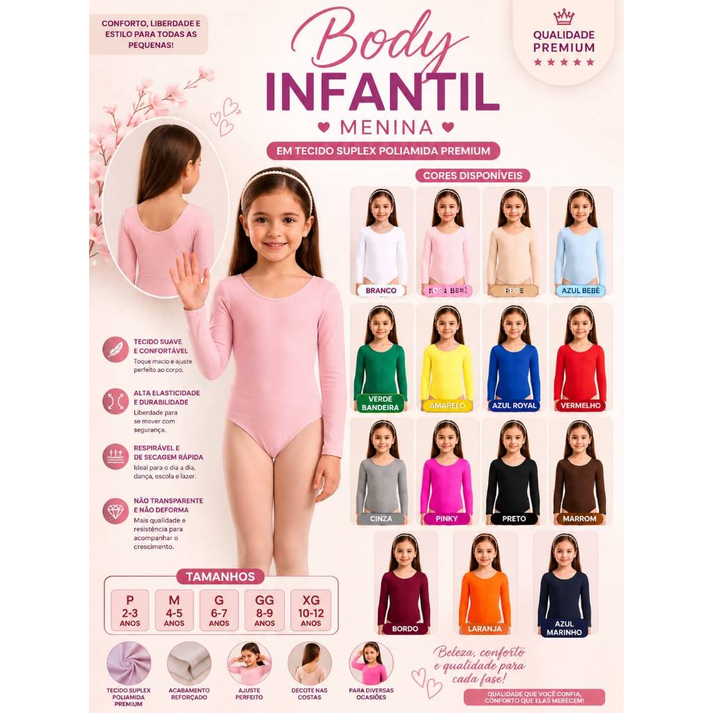 Body Manga Longa Infantil Menina com Gola Redonda e Costas Semi Nua Em suplex Poliamida Premium