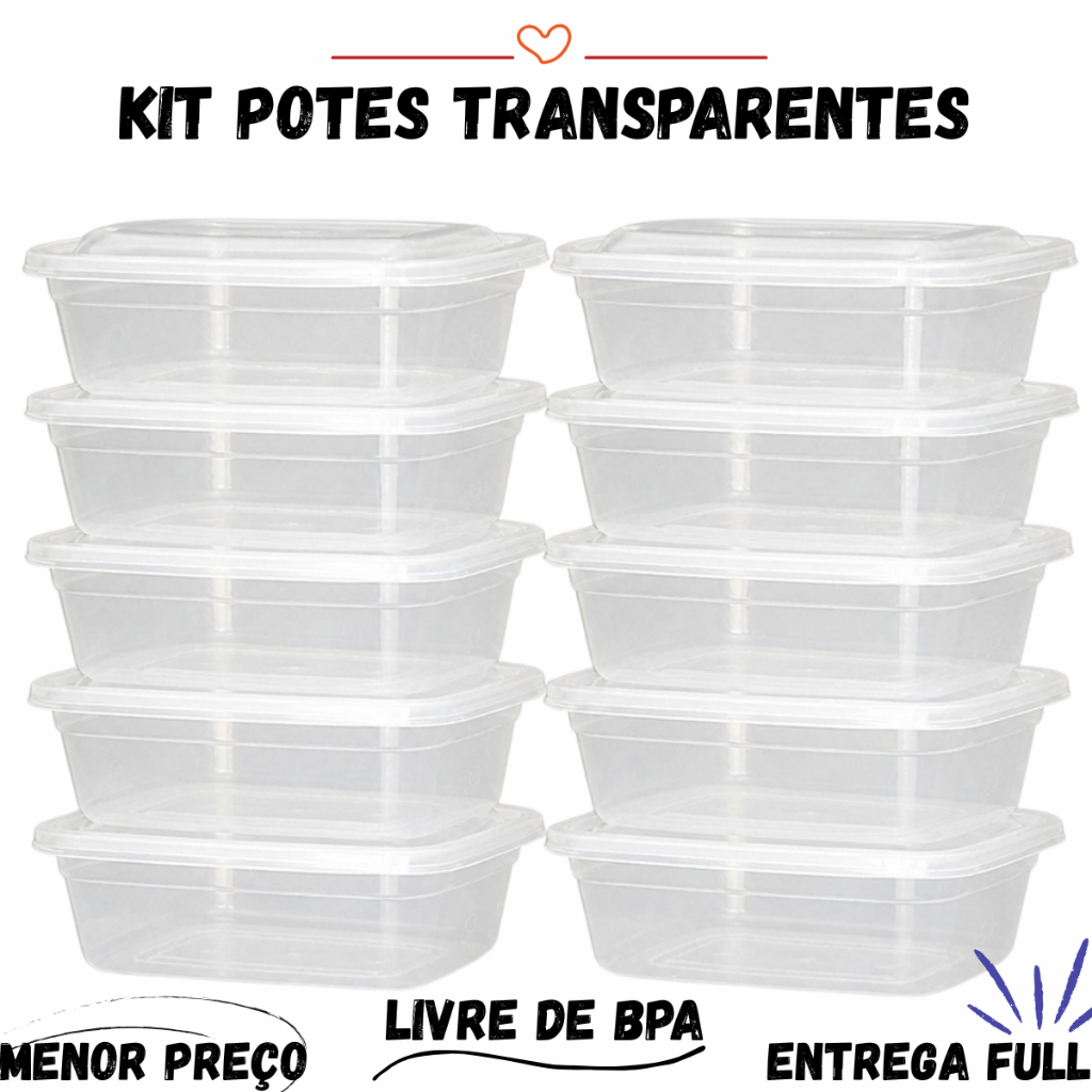 Kit Potes 1 Litro Transparente Freezer Micro-ondas Marmita Fitness Kit Pote Mantimentos
