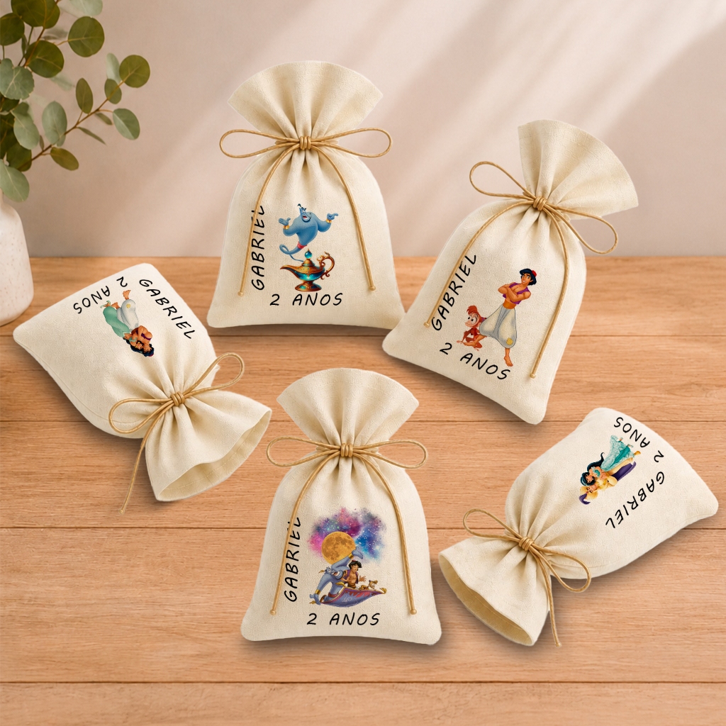 Kit 20 Saquinhos Lembrancinha Personalizada Festa Infantil Aniversário Jasmine e Aladdin 11x17