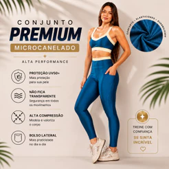 Conjunto Fitness Feminino Microcanelado Premium UV50+ Calça com Bolso Alta Compressão Não Transparente