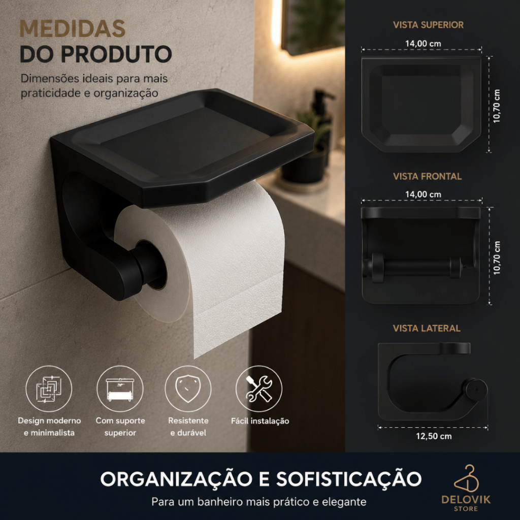 Porta Papel Higiênico com Prateleira Porta Celular Sem Furo Adesivo Banheiro Moderno