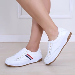 Tênis Feminino Couro Legítimo Casual Com Listras Confortável