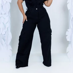 Calça Jeans Cargo Plus Size Wide Leg Tendência Bolsos Laterais