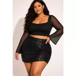 Mini Saia Feminina Plus Size em Paetê com Brilho Cintura Alta