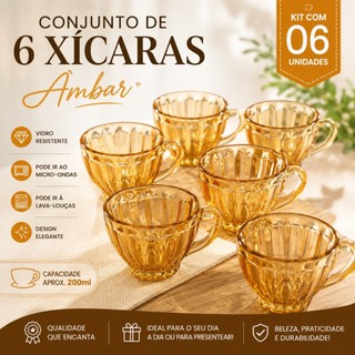 Jogo de xicaras italia 6 peças ambar em vidro 200ml grande