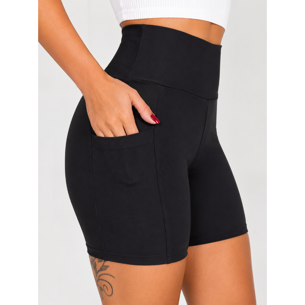 shorts fitness feminino com bolso lateral bermuda meia coxa cós alto de poliamida zero transparência tamanhos P ao G1
