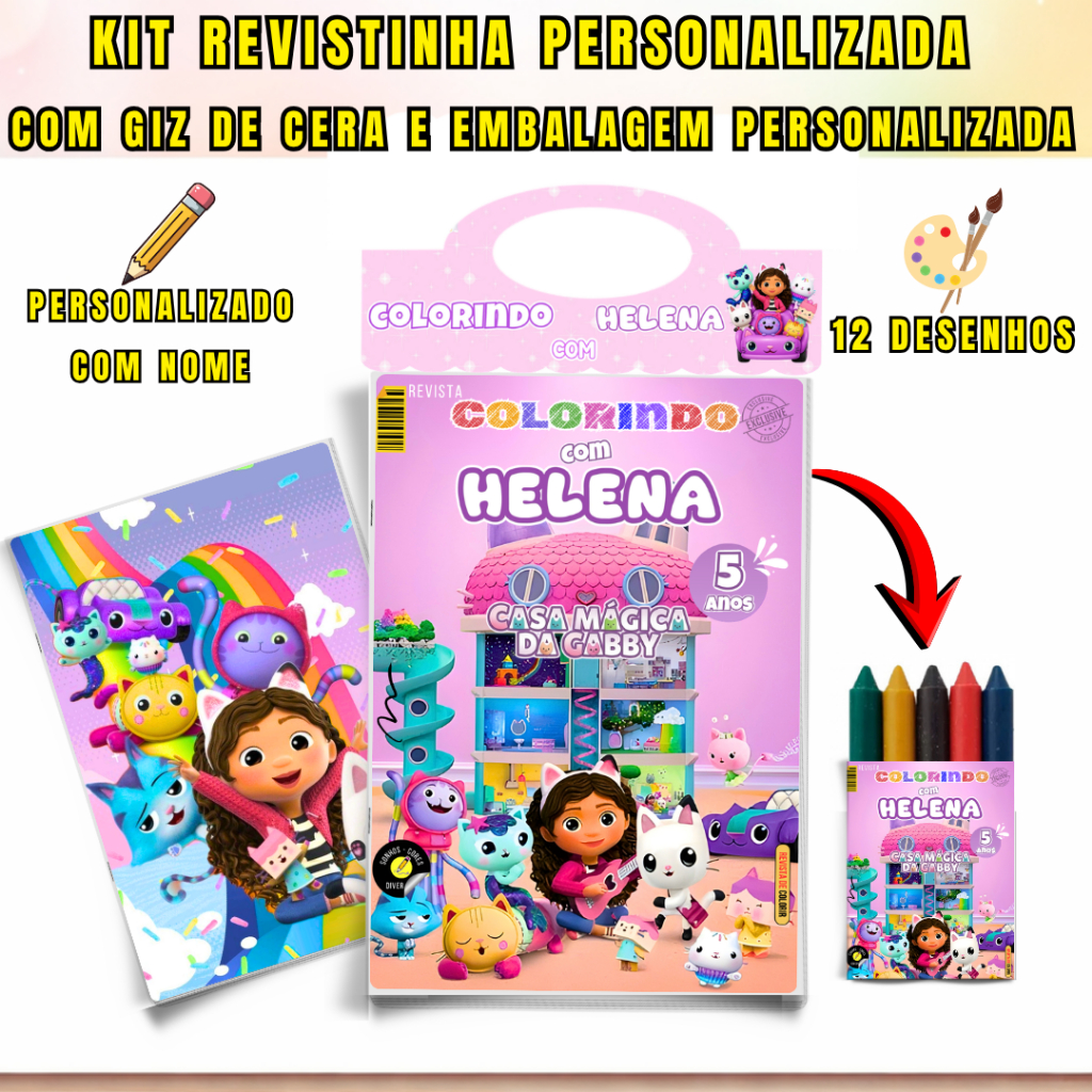 Kit Livrinhos de Colorir Infantil Personalizado + Giz de Cera Lembrancinha Aniversário Revistinha Tema Casa Magica Gabby