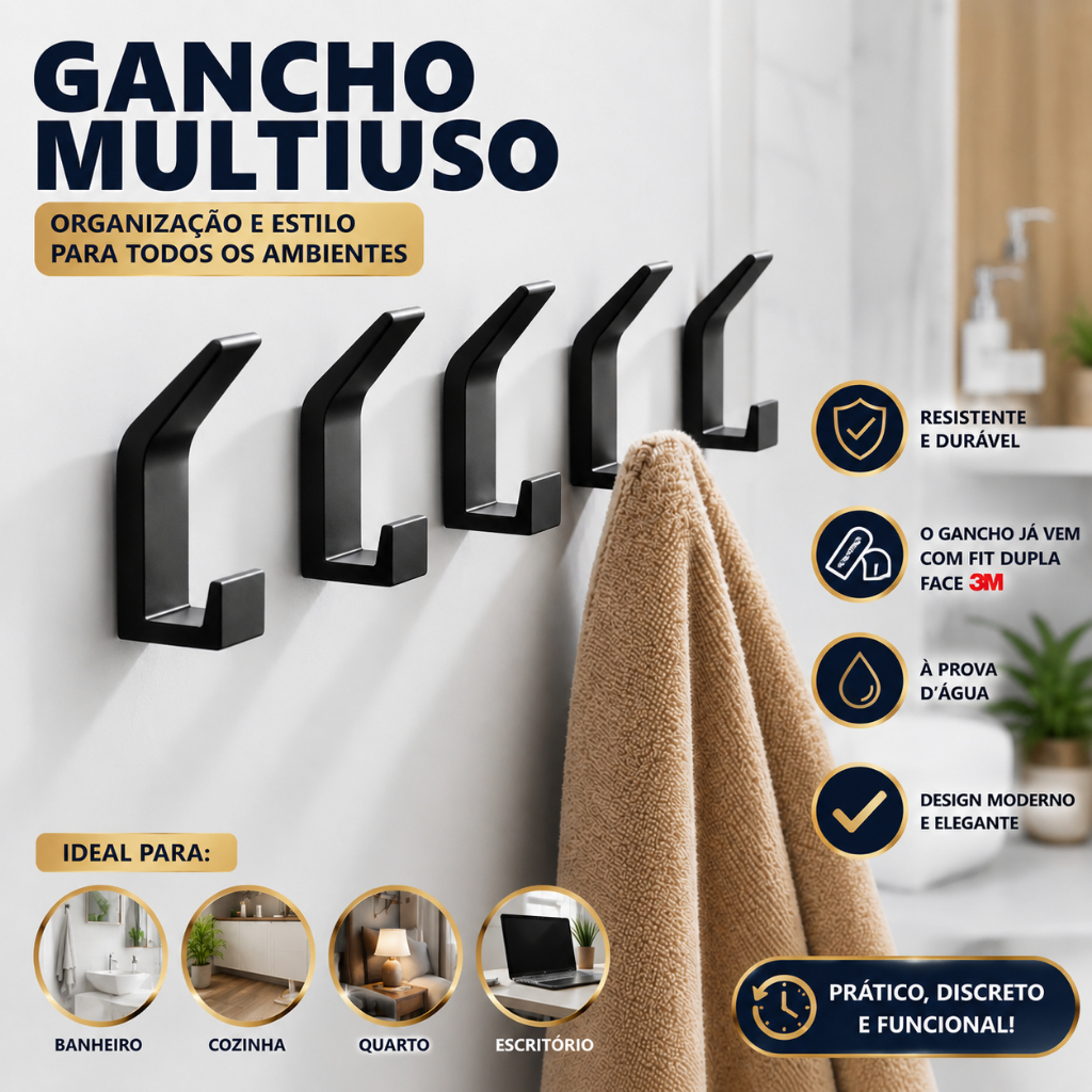 Kit 6 Gancho Suporte Multiuso de Parede Preto Adesivo Dupla face 3M para Banheiro Cozinha para Toalha de Rosto Banheiro