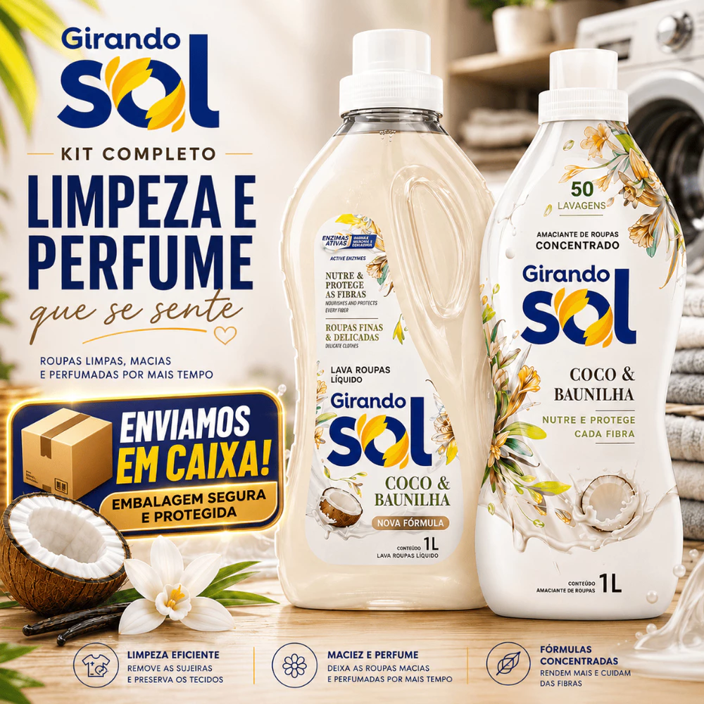 Kit Amaciante Concentrado Girando Sol Coco e Baunilha 1L + Sabão Líquido Lava Roupas Líquido 1L