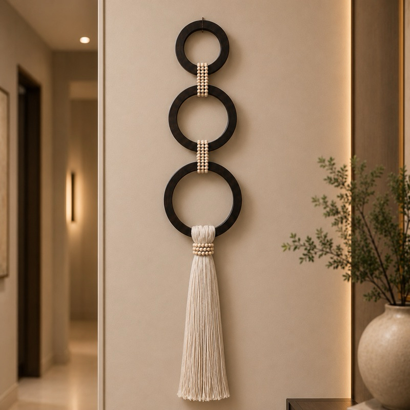 Colar De Parece Decorativo Madeira 3 Elos Cor Imbuia Franja em Tassel Grande Cor Cru