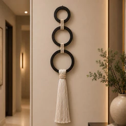 Colar De Parece Decorativo Madeira 3 Elos Cor Imbuia Franja em Tassel Grande Cor Cru