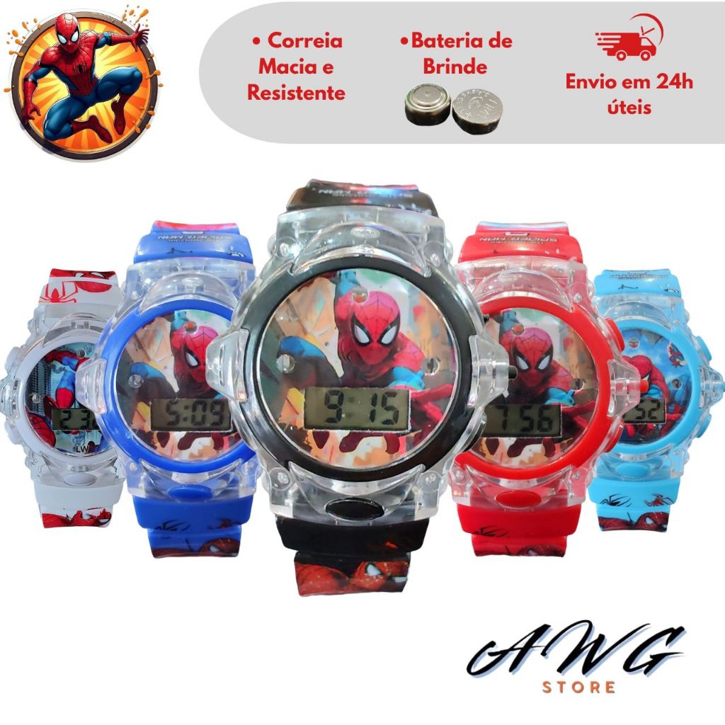 Relógio Infantil Homem Aranha com Luz/Led e som Menino