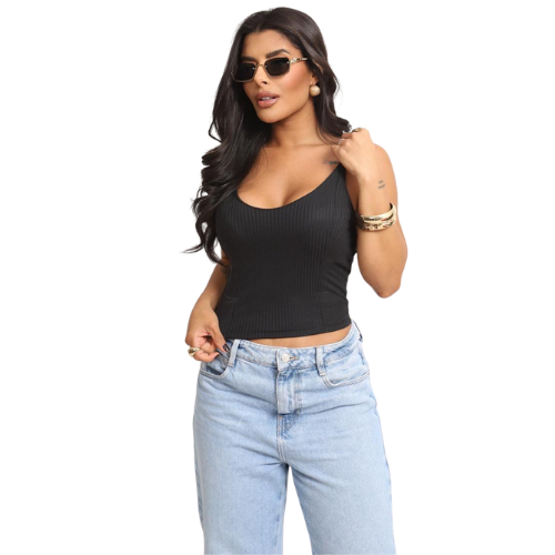 Cropped Feminino Brunna Canelado com Bojo Alça Fina Básico Casual Tam Único 36 ao 42