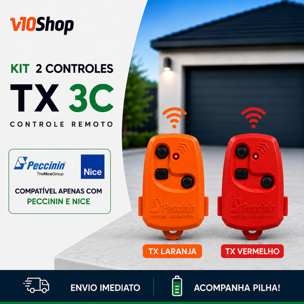 Kit 2 Controle para Portão Tx 3c Laranja e Vermelho Peccinin Nice Linear 433 Mhz - V10 Shop
