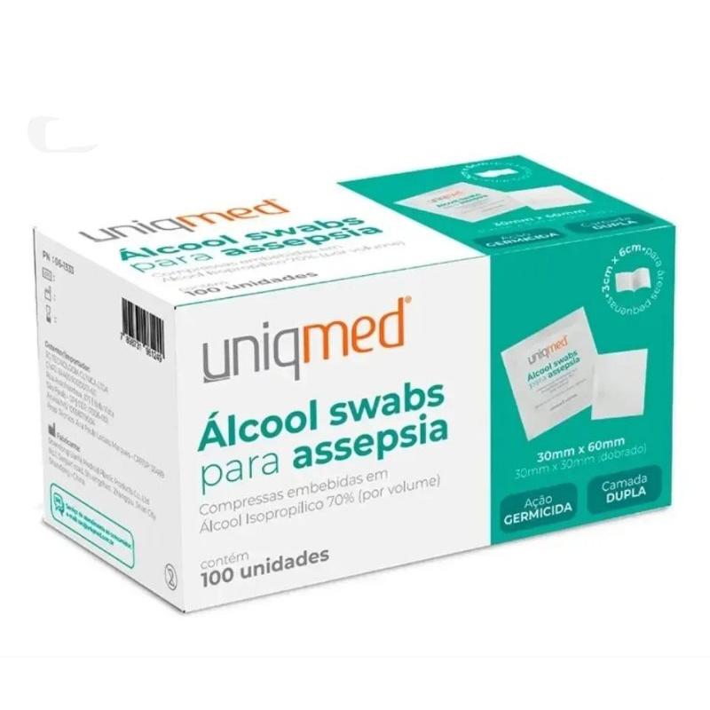 Álcool Swab 70% Lenços Umedecidos Uniqmed kit 50 e 100 unidades Saches