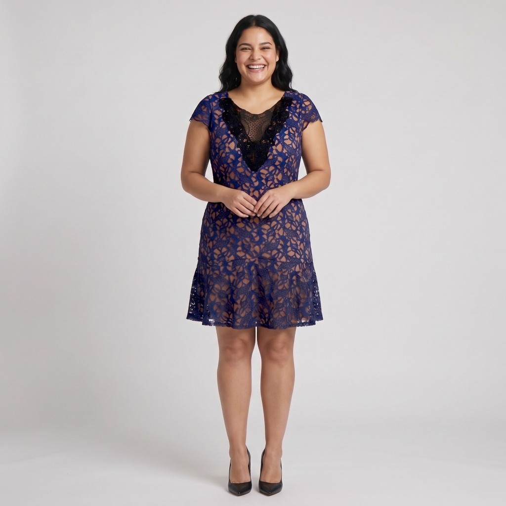 Vestido Feminino de Renda Azul| Preto com Forro Nude – Decote em V, Elegante, Delicado e Sofisticado - Manga Curta