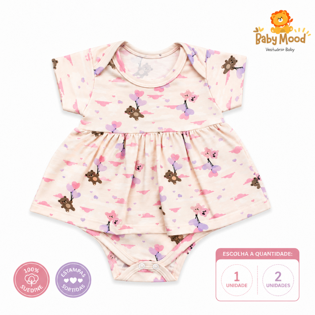 Vestido Bebê Menina Body Saia 100% Suedine Estampas Sortidas Roupa Infantil Direto Da Fábrica Manga Curta Kit 1 ou 2 Un