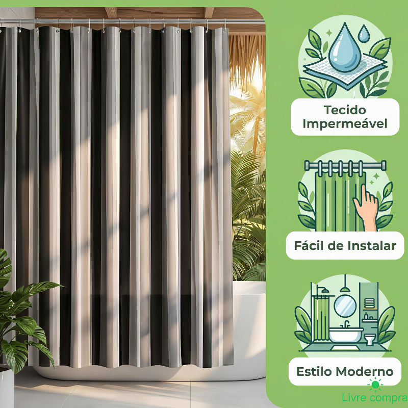 Cortina para Box Banheiro PVC Impermeável Antimofo Listrada Fácil Instalação 180x180