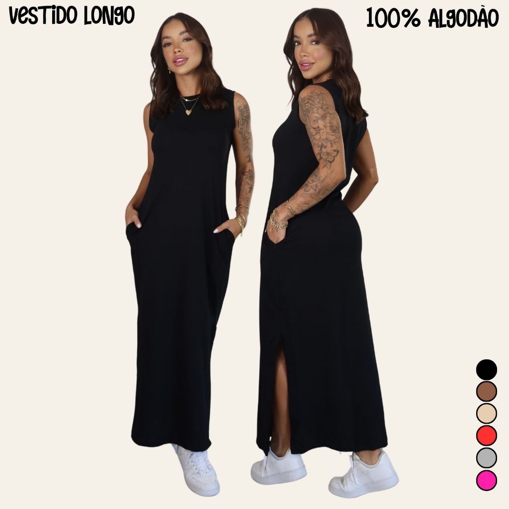 Vestidos Feminino Longo Com Bolso e Fenda Laterais Cavado Algodão Alta Qualidade Premium