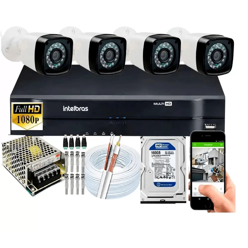 Kit 4 Cameras Segurança 1080p Full Hd Dvr Intelbras 4ch C/hd 160Gb Completo - AF