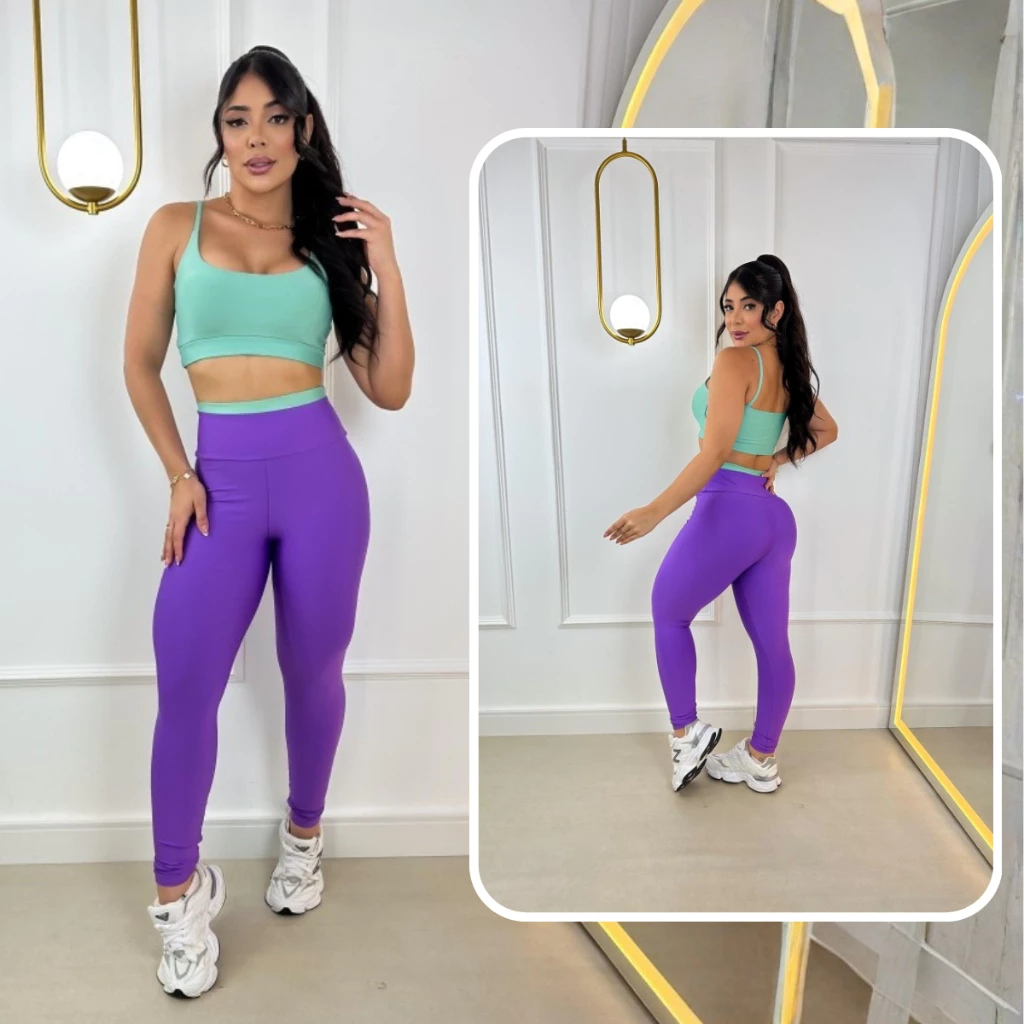Conjunto Fitness Bicolor Feminino calça e Top Bicolor curto Bojo Removível Academia Roupa De Malhar Suplex Premium — imagem 1