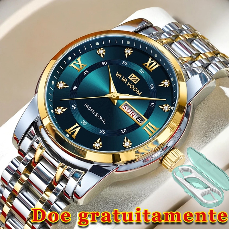Relógio Masculino Elegante Quartz Aço Inoxidável Analógico Com Calendário Moderno pres + Ideal para presentear