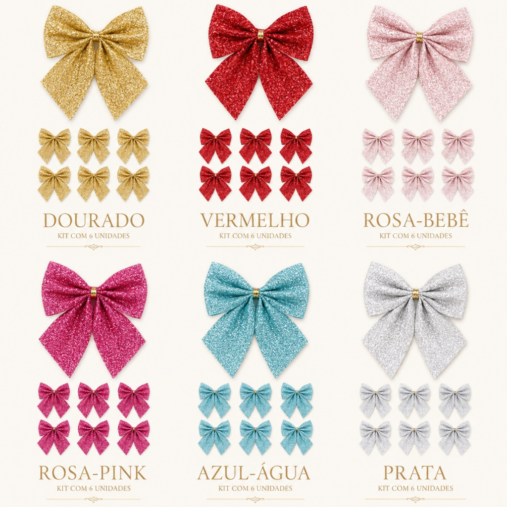Laço enfeite de arvore de natal decoração natalina com 6 unid cores diversas Glitter brilho