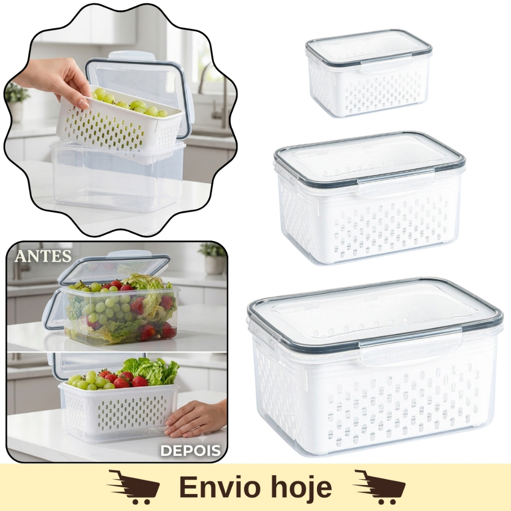 Kit 3 Potes Organizadores Geladeira com Drenagem Alimentos Frutas Legumes Tampa Hermética