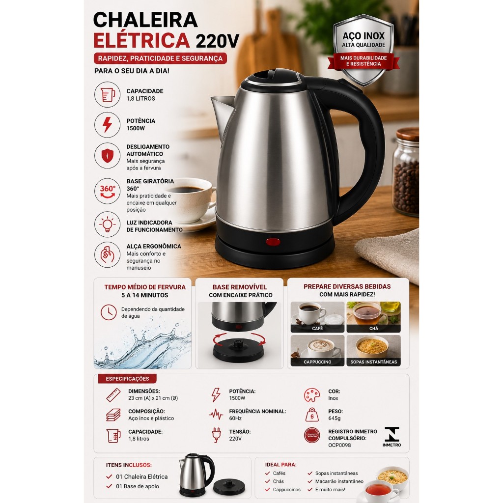 Chaleira Elétrica 220V 1,8L Chimarrão Cha Café - Inox 1500W - Desligamento Automático Base Giratória